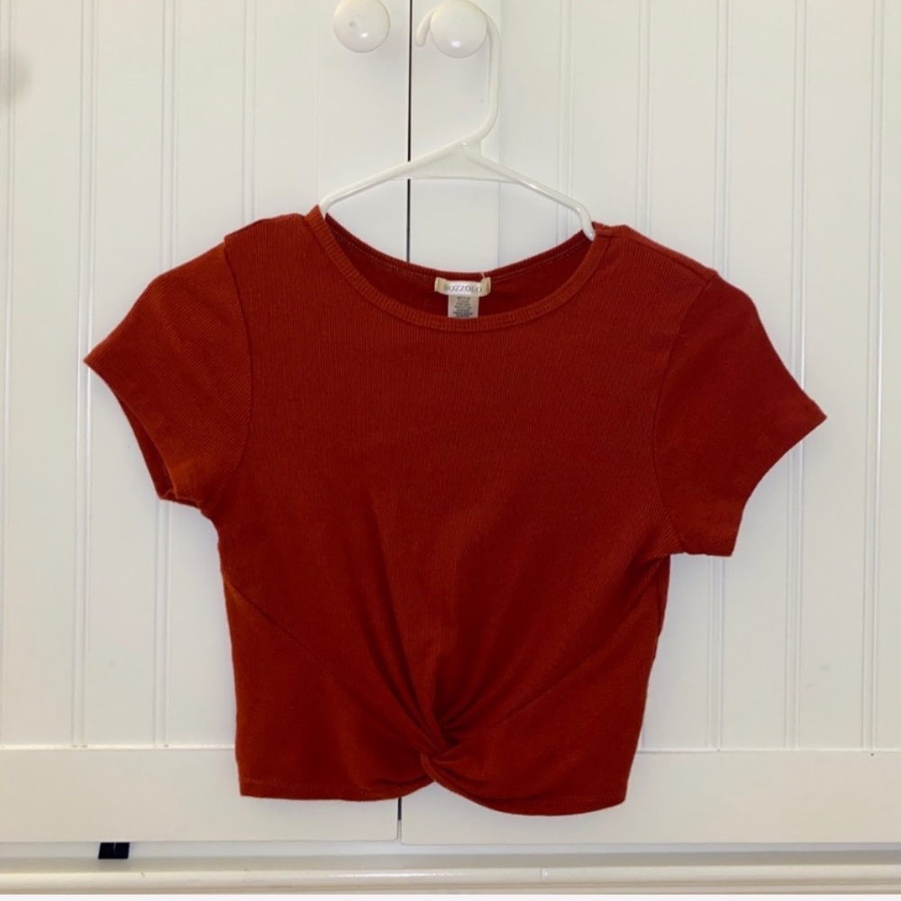 •Bozzolo Orange Crew Neck Twist Front Crop Tee